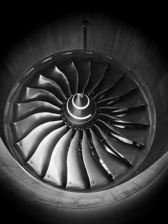 Monochrome image of an airplane turbine engine showcasing intricate blades and engineering details.